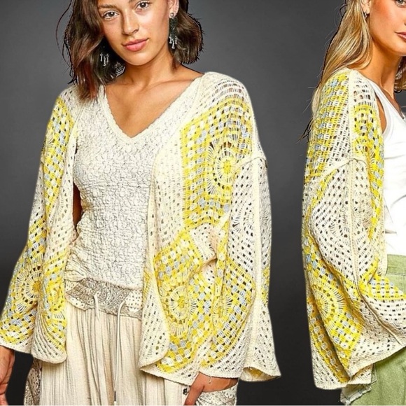 POL Sweaters - POL Crochet Granny Square Cardigan Yellow Boho Festival Layering NEW